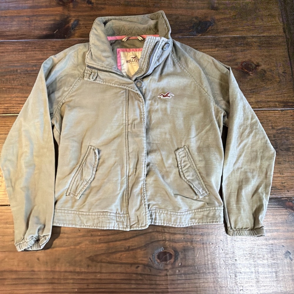 Hollister Womens L Khaki Utility Jacket Tan Cotton Full Zip Military Y2K